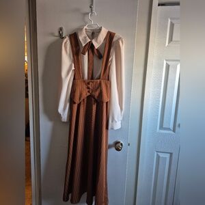 Brown Pinstripe Suspender Dress with White Blouse